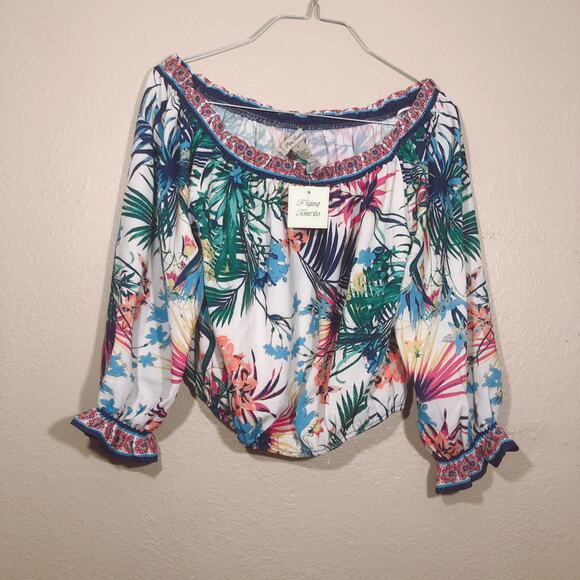 Flying Tomato Tropical Floral Off The Shoulders Multicolor Print Crop Top Shirt - Picture 8 of 8